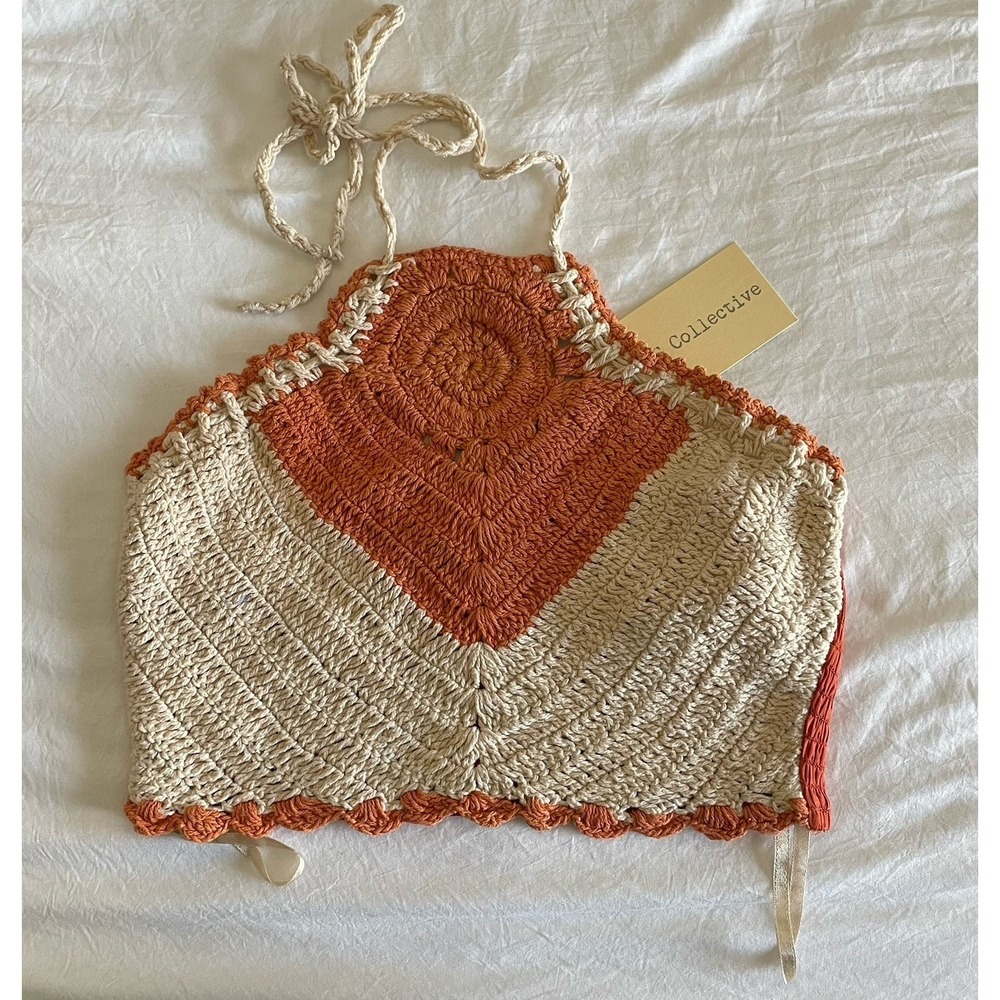 B.O.G Collective NWT Crochet Crop Halter Top S Smocked Boho Festival Bandeau